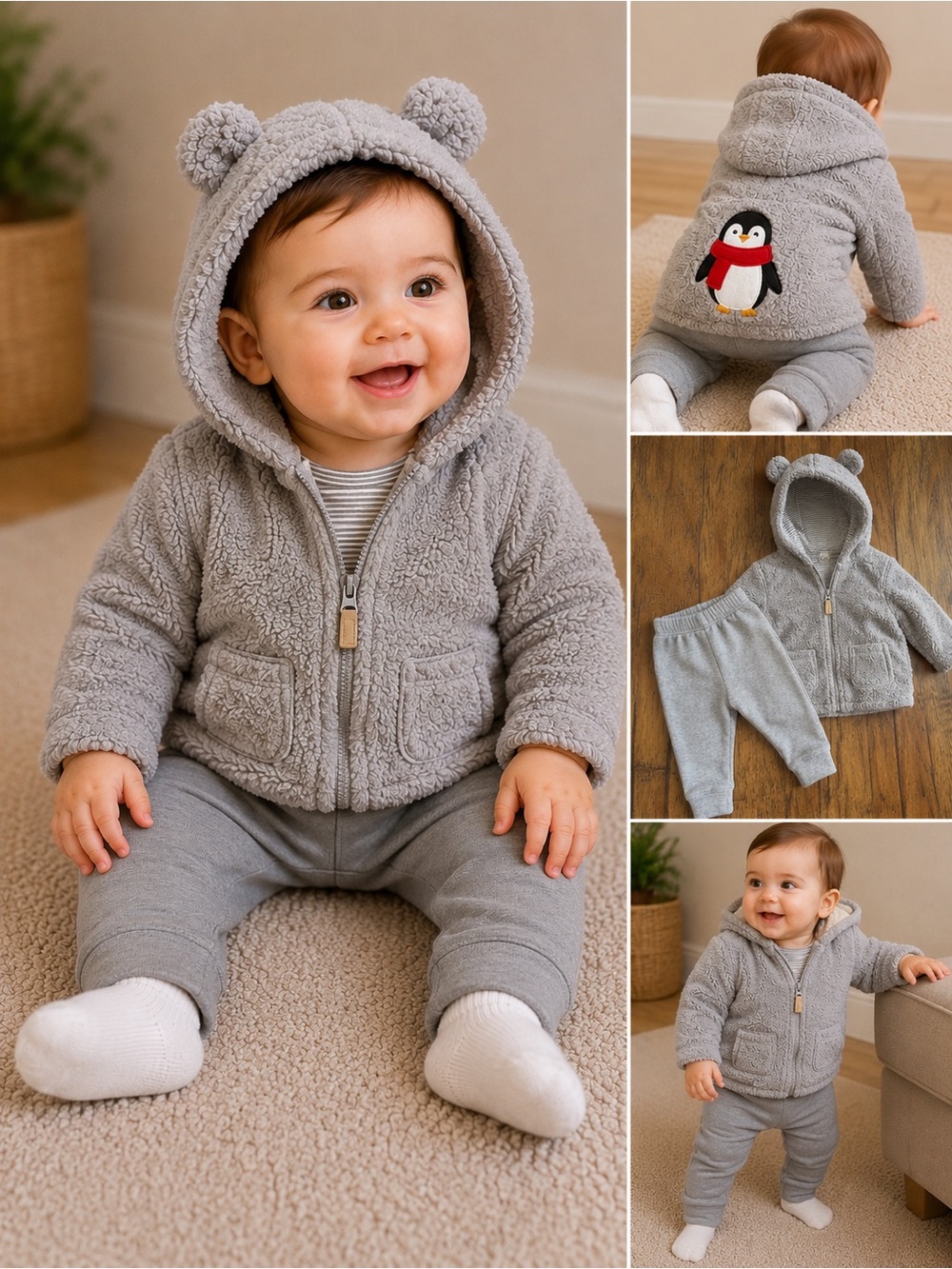 Carter’s Baby 2-Piece Gray Penguin Pants & Sherpa Bear Hoodie Set – 3M